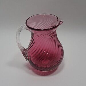 Pilgram Glass Cranberry Swirl Optic Rib Creamer Clear Reed Handle Hand Blown